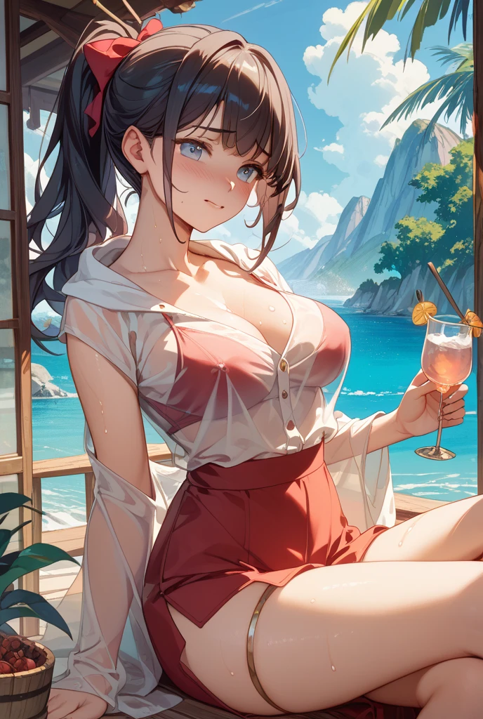 punctuation_9, punctuation_8_High above, punctuation_7_High above, punctuation_6_High above, fountain_ anime BREAK, 1 girl, standing alone, defran, plantative, long hair, blue colored eyes, hair orange, wart under the mouth, breasterotic red drth deep V-neck, deep decolte, big-ass, from sideways,elf, looking at you, ssmile, Inside the house