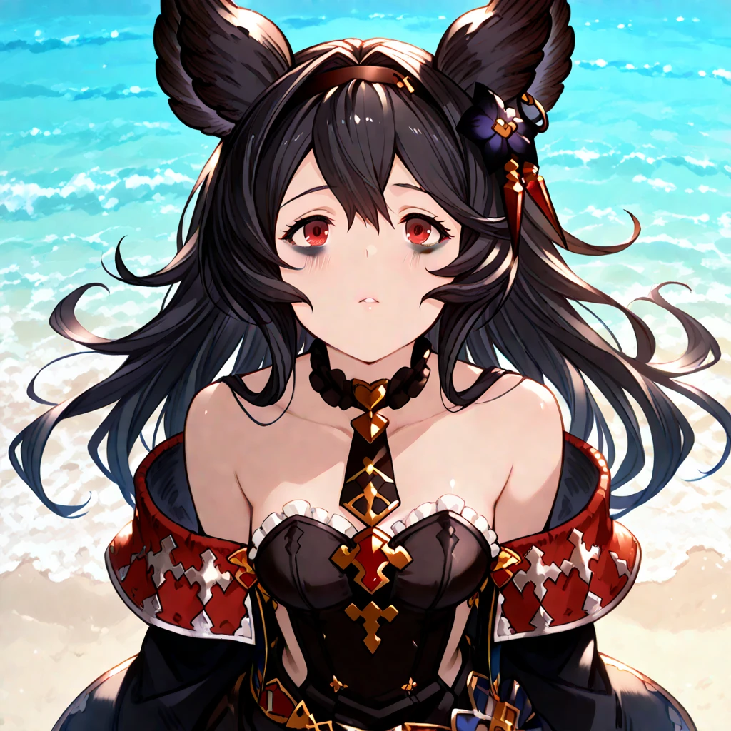 Film angle, depth of field, (viewer view), (right close-up: 1), (standing photo: 1), girl cat ears, (solo), black hair, (white skin: 1), (curvy: 1.2), (wide hips: 1.1), girl with cat ears, (beautiful beach background), (coastal background: 1.4), (shore background: 1.4), (transparent clothing), (bare shoulders, transparent micro bikini), (lace panties in T-back: 1.2), (red glove: 1.2), detailed horns, red choker, red boots to the thigh, (ponytail, hairs between eyes), (black hair), red eyes), (flat chest: 1.2), expressionless, dazed, sleepy, wakame