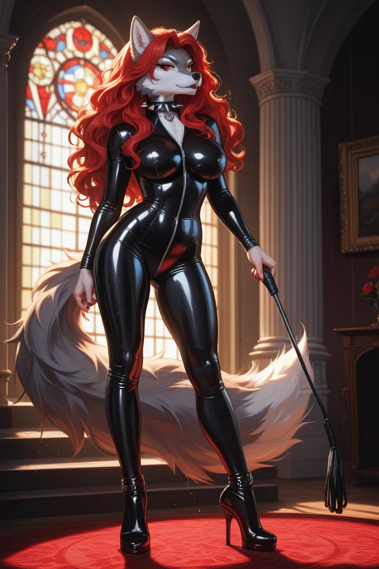 Black rabbit with long red hair, black dress with rhinestones, high heels and cigarette in the paw, shiny and luxurious background.