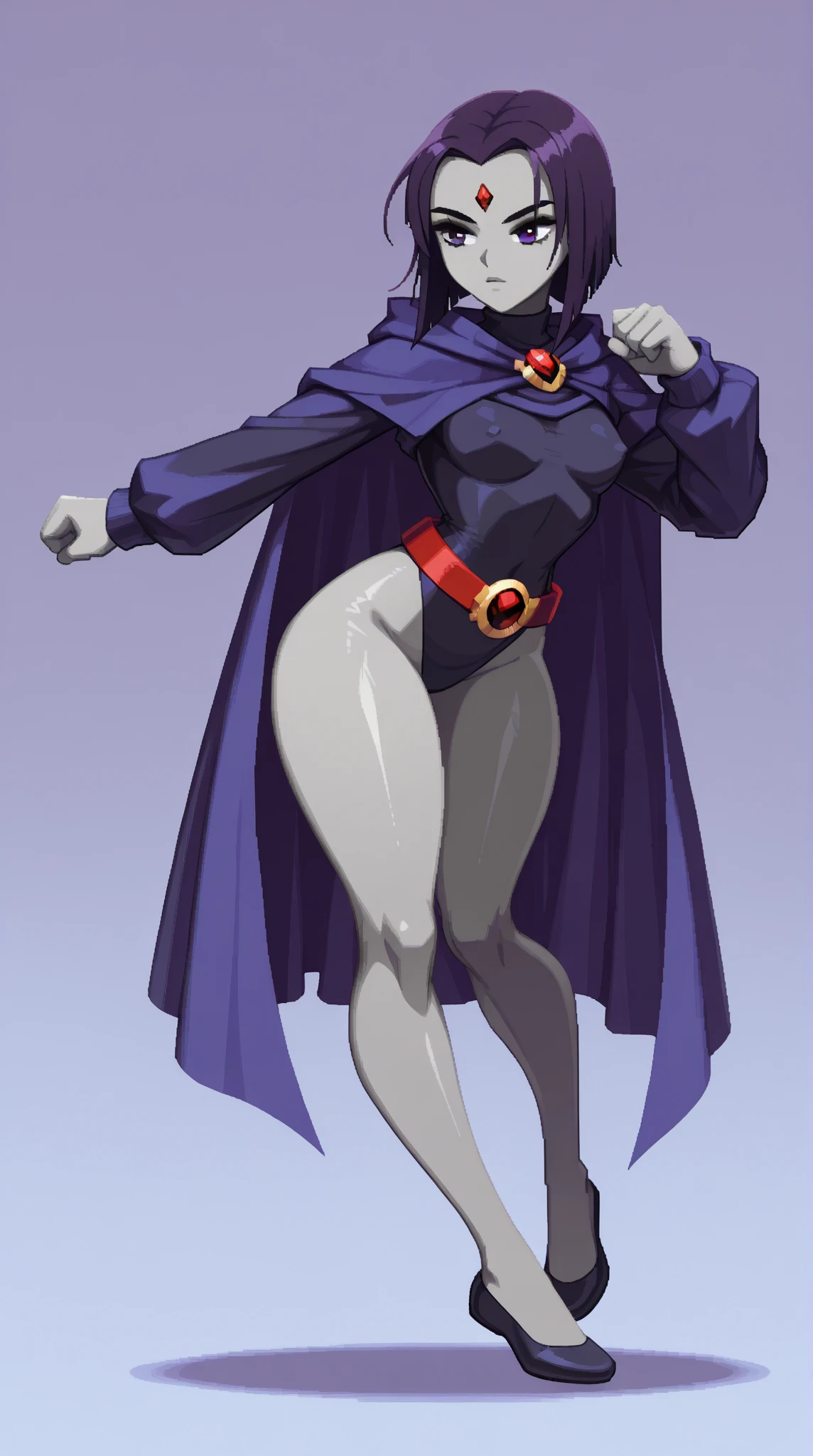 (solo:1.1),(masterpiece), (best quality:1.3),, (ultra detailed), (intricate), professional art, digital art, absurdres, shadraven, (Full body view:1.3), (far away view:1.1), 1girl, solo, (grey skin:1.4), dark purple hair, bob hair, dark purple eyes, hips wider than shoulders, pear shaped body, jewellery, detailed thighs, (thick thighs:1.3), red jewel in forehead, jewels, (long sleeved turtleneck leotard:1.4), (Red jewel Belt), (red jewel brooch), cuffs, small breasts, nipple bulge, (raven long dark purple hooded cape), (Shadraven brooch:1.2), Shadraven jewel belt, Shadraven wearing a long sleeved leotard with a hooded cape and fingerless gloves high heels and waist-high-leggings, (long legs:1.3), ( detailed long thick veiny crotch bulge with veins showing through clothing:1.4), large penis, large testicles, looking at viewer, (side angle frontal view),(bubble butt) , gluteal crease, universal lighting,(Detailed ass),