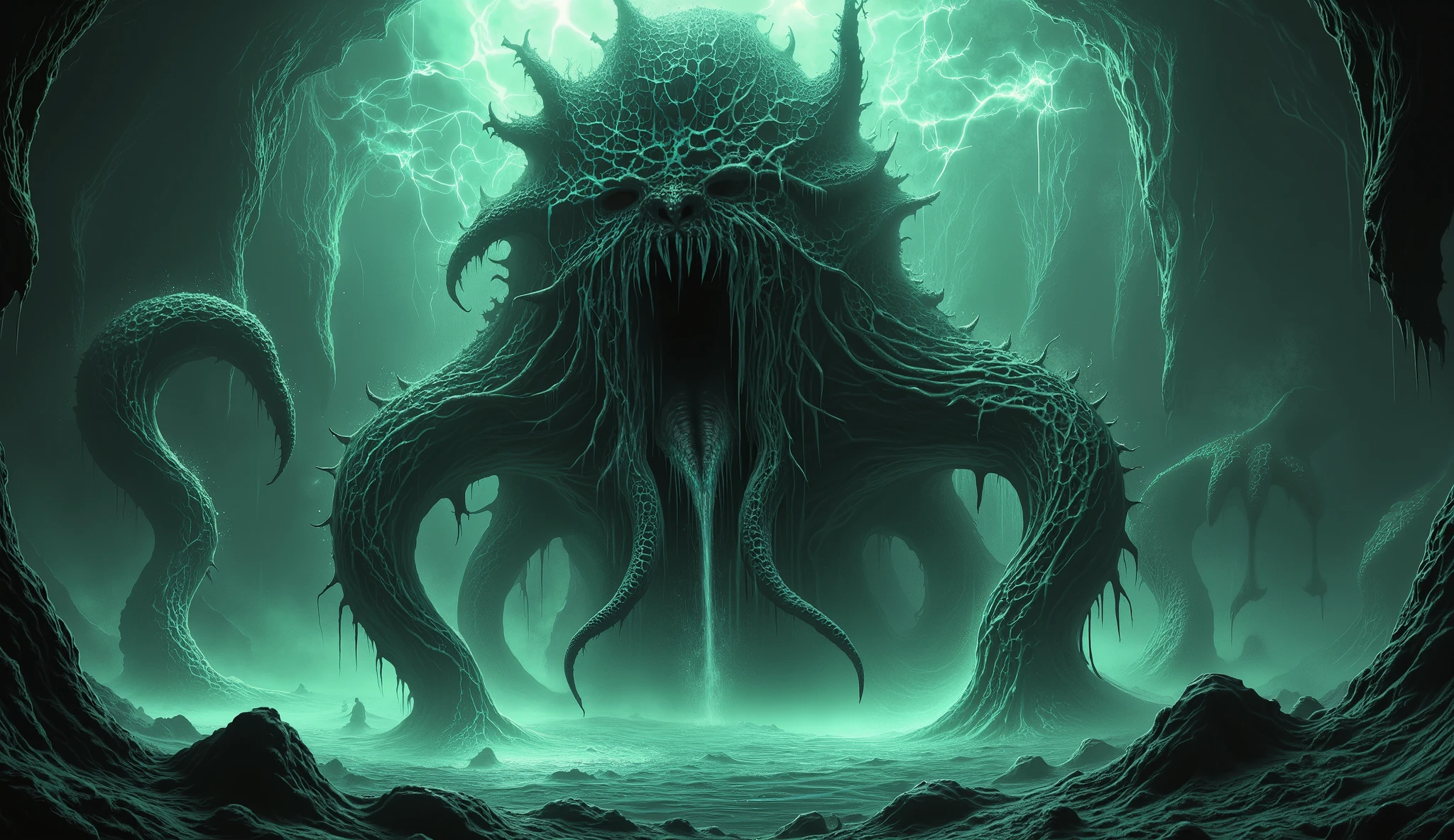 Eldritch horror from the deep sea, cosmic horror style, tentacled monstrosity, dark waters.