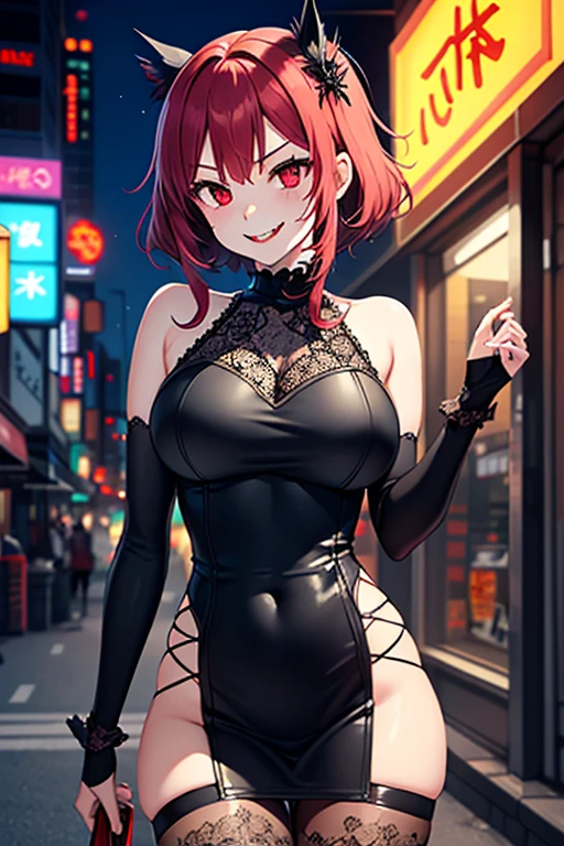 girl, wide hips, sexy, beautiful, redhead, gorgeous, voluptuous, (thigh high socks), beautiful face, curvy, (((arms up))), (((hands on her head))), (disheveled) hairs, (lot of hair), (demon horns), demon girl, [bodysuit | black red dress:0.9], net, fishnet, straps, jewelry, ornements, perfect skin, cyberpunk, stunning,  elegant, particules, best piece, masterpiece, smooth light, detailed, intricate, 50mm, realistic, digital art, photography, digital art, 4k, art, wlop, artgerm, sophie anderson,