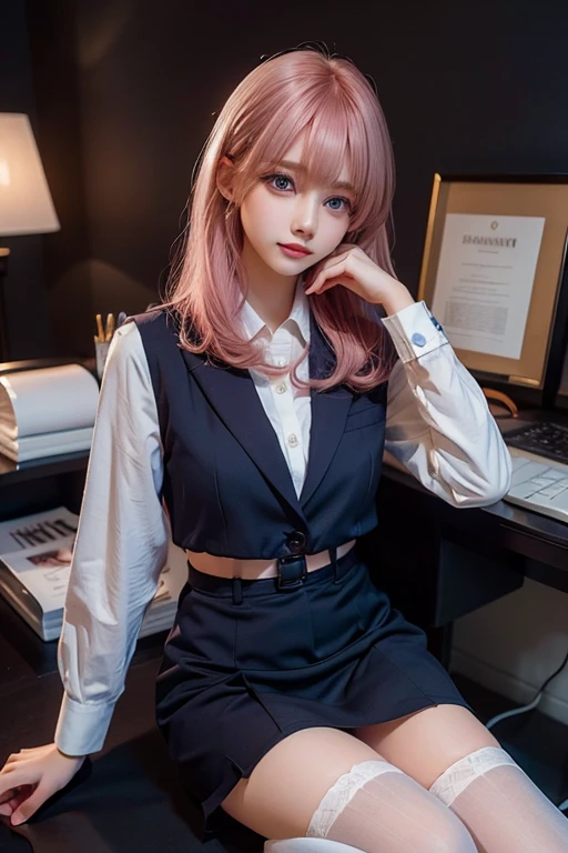 (RAW photos, best quality), (Practical, photo-Practical:1.3), masterpiece, Extremely delicate and beautiful, Very detailed, CG, Unite , 2k wallpaper, Astonishing, Fine details, A faint smile, Very detailed CG Unite 8k wallpaper, Huge file size, Extremely detailed, High resolution, absurd, Soft Light, (((Medium Length Hair:1.3), Short Liuhai, Pink Hair, Flowing HairNovaFrogStyle)), Beautiful and delicate girl, Detailed fingers, Very detailed eyes and face, Beautiful and delicate nose, Beautiful and delicate eyes, Long eyelashes, There is light on the face, looking at the audience, (Shut up:1.2), 1 Girl, Lovely, young, Mature face, (whole body:1.3), ((Small Breasts)), Practical face, Practical body, Beautiful and delicate thighs, (ulzzang-6500-v1.1:0.8), Business suit, Cross-lace-up clothes, Collared shirt, Open clothes, in office, detailed office, Cardigan sweater, Black over-the-knee stockings, mini skirt, Black lingerie, Unbuttoned shirt,