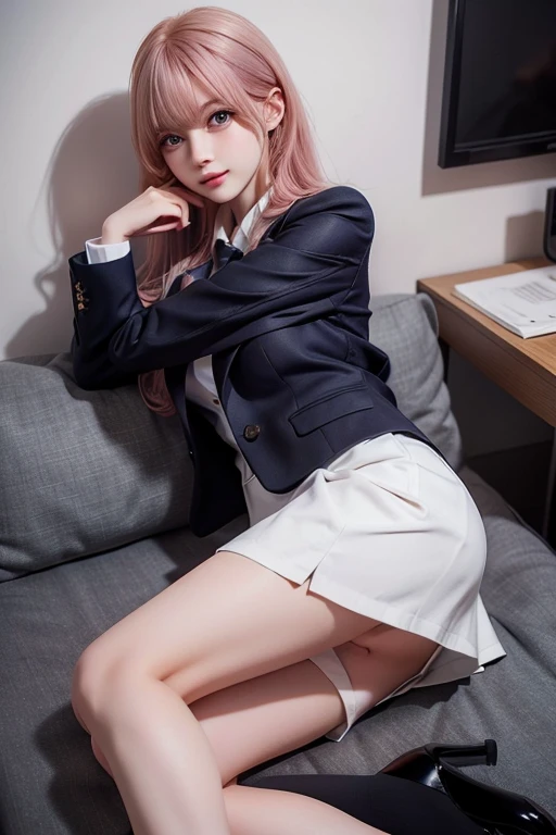 1girl, black_footwear, black_panties, clothes_lift, curtsey, dress_lift, full_body, lifted_by_self, maid, maid_headdress, panties, pink_hair, realistic, shoes, short_hair, side-tie_panties, skirt, skirt_hold, skirt_lift, solo, thighhighs, underwear, white_legwear,(masterpiece),(photorealistic:1.3), nfsw, ultra-detailed, (high detailed skin:1.2),(best quality:1.0), (ultra highres:1.0), tuxedo, black blazer, white shirt, black bowtie, suit jacket, maid skirt, glasses