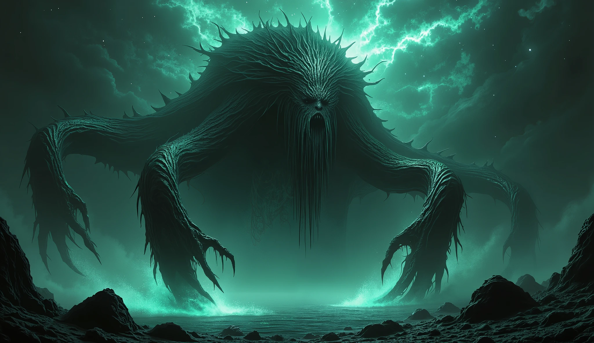 Eldritch horror from the deep sea, cosmic horror style, tentacled monstrosity, dark waters.