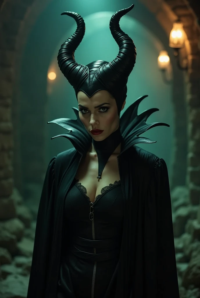 A stunning forward portrait of Maleficent, young and beautiful, hyper realistic, real portrait, backlit, exquisite features, cleavage, sexy, seductive, unnatural light, soft light, location is the interior of a dungeon, green light, eerie, purple highlights, she is smirking, she is busty, her chin is raised, looking down at viewer 