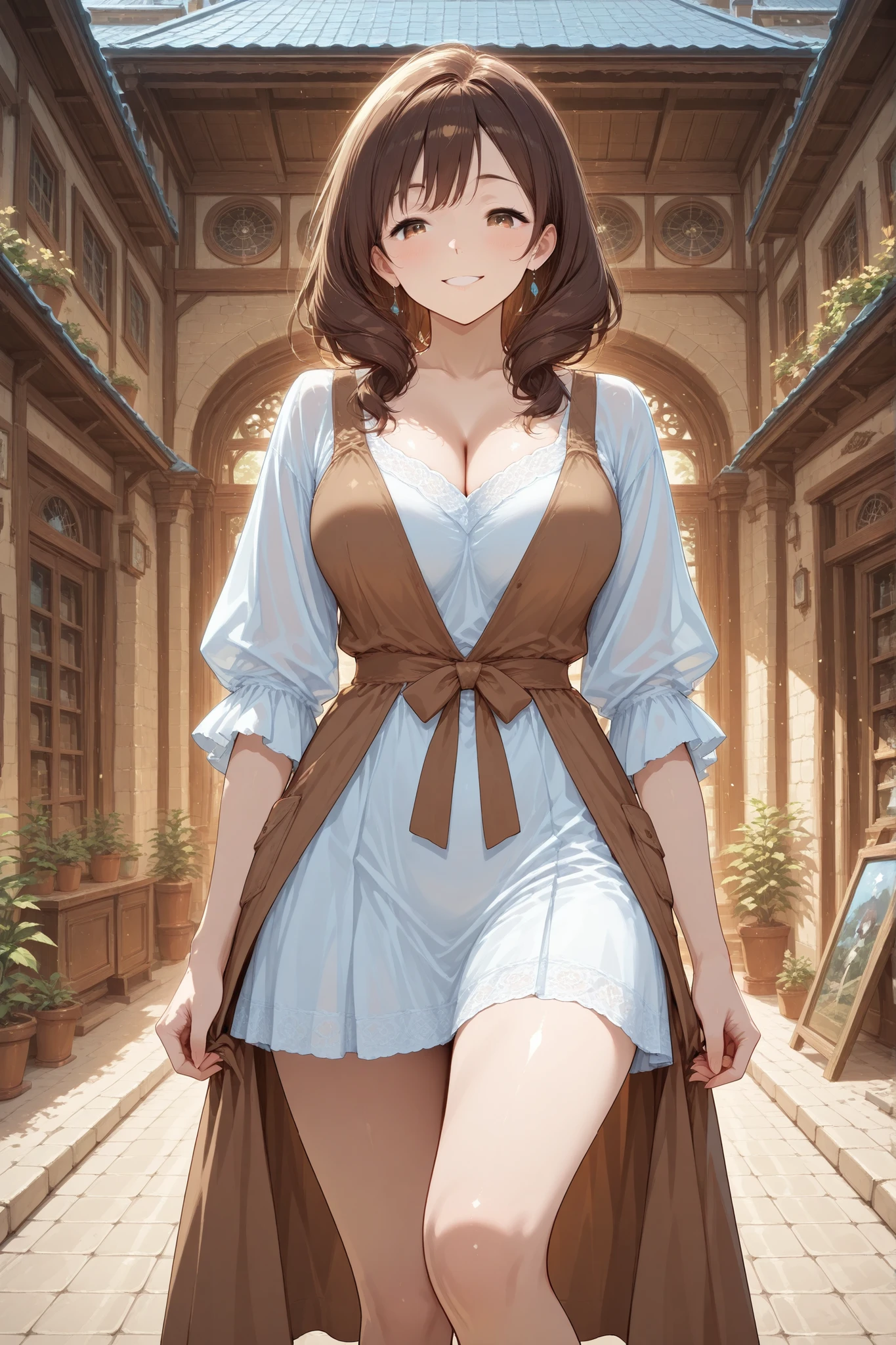 woman long dark brown hair mature face looking down smiling looking to the down looking 
