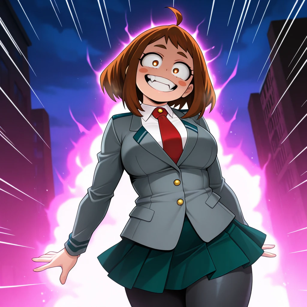 Anzu Def, anime face, soft gaze, close-up picture of a girl flexing her arms, clenched fists, 1girl, solo, smile, short hair, blue eyes, large breasts, brown hair, skirt, shirt, (long sleeves:1.4), bow, jacket, white shirt, pleated skirt, collared shirt, miniskirt, bowtie, blurry, blue skirt, blue bow, blazer , blue bowtie, pink jacket, pink aura, the strongest girl in existence, Action pose, looking at her arm, dark pink sky background, ((electricity around the character)), (big breasts:1.4), (wide hips, thick thighs thigh muscular, female muscles, Muscle definition, big muscular biceps, wide shoulder, big calves, muscular, :)