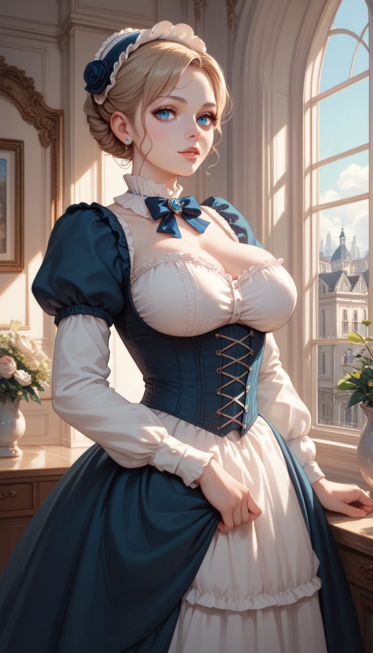 improsionism, oil on canvas, oil painting, victorian era woman with big boos and big breasts posing in a room, (caucasian woman), seductive woman, (sfw) safe for work, teasing smile, england british dress, puffy sleeves, oppai, seductive woman portrait, touching her clothes, with a large breasts, big breasts!, with large breasts