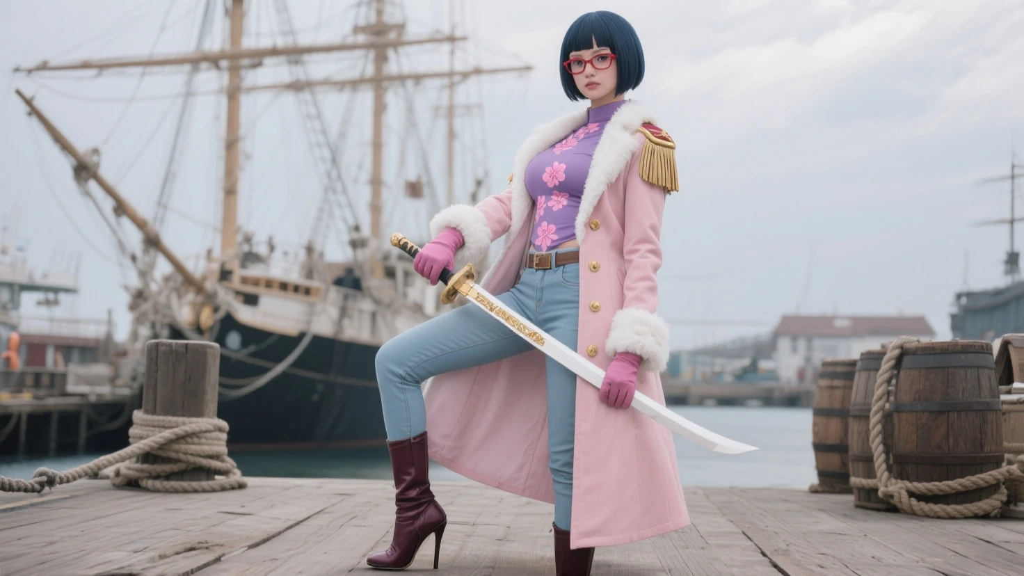 (female:1.2) (bodybuilder:0.8), masterpiece, photorealistic, 1girl, short hair, purple hair, large breasts, pink clothes, pink gloves, holding sword, cleavage