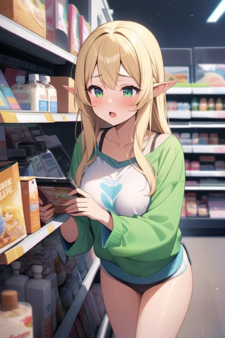 8K、best image quality、ghibli anime、best illustrations、super detailed explanation、Bright colors、(goblin)、2D Otaku、(Precure print T-shirt、baseball cap、rucksack)、(Detailed facial depiction、Detailed description of the eyes、Detailed depiction of clothing、Huge breasts that are about to burst)、(droopy eyes)、(blonde、Very Longhair)、((Animate store、There are many figures around:1.5))