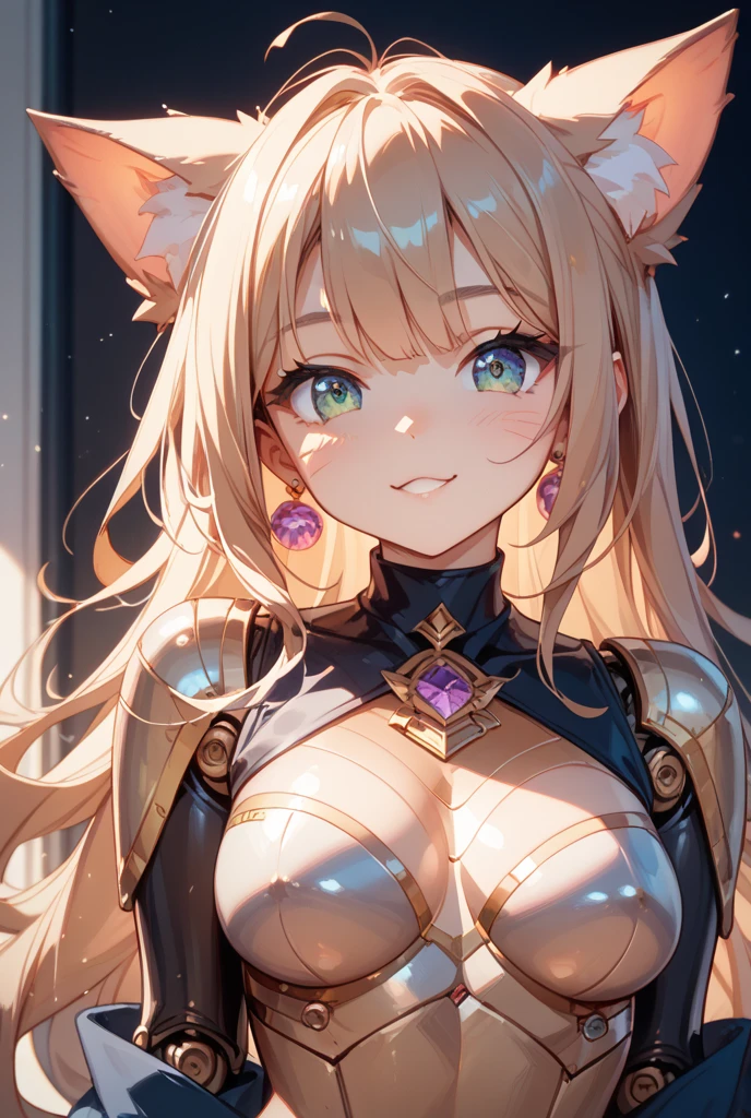 (*****, top-quality, 8K, masterpiece, Top image quality, Hi-Res, super detailing, Ultra HD, best quality, detailed background, (hyper detailed, intricate detail, Detailed hair ++, detailed eyes ++, raytracing, perfect shadow, enhanced eyes), (Delicate and smooth skin, real looking skin, Perfect and beautiful face ,Perfect and cute face, high detail skin, Perfect limbs)), girl , 3d , animal ears , bent forward, blonde hair , blue eyes , blurry background , crystal tail , fingerless gloves , fox ears , fox girl , fox tail , hair ornament , hand on own hip , leaning forward, breasts hanging , large breasts , shiny lips , long hair , looking at viewer , parted lips , sequins , silver choker , single fingerless glove , solo , tail , whisker markings