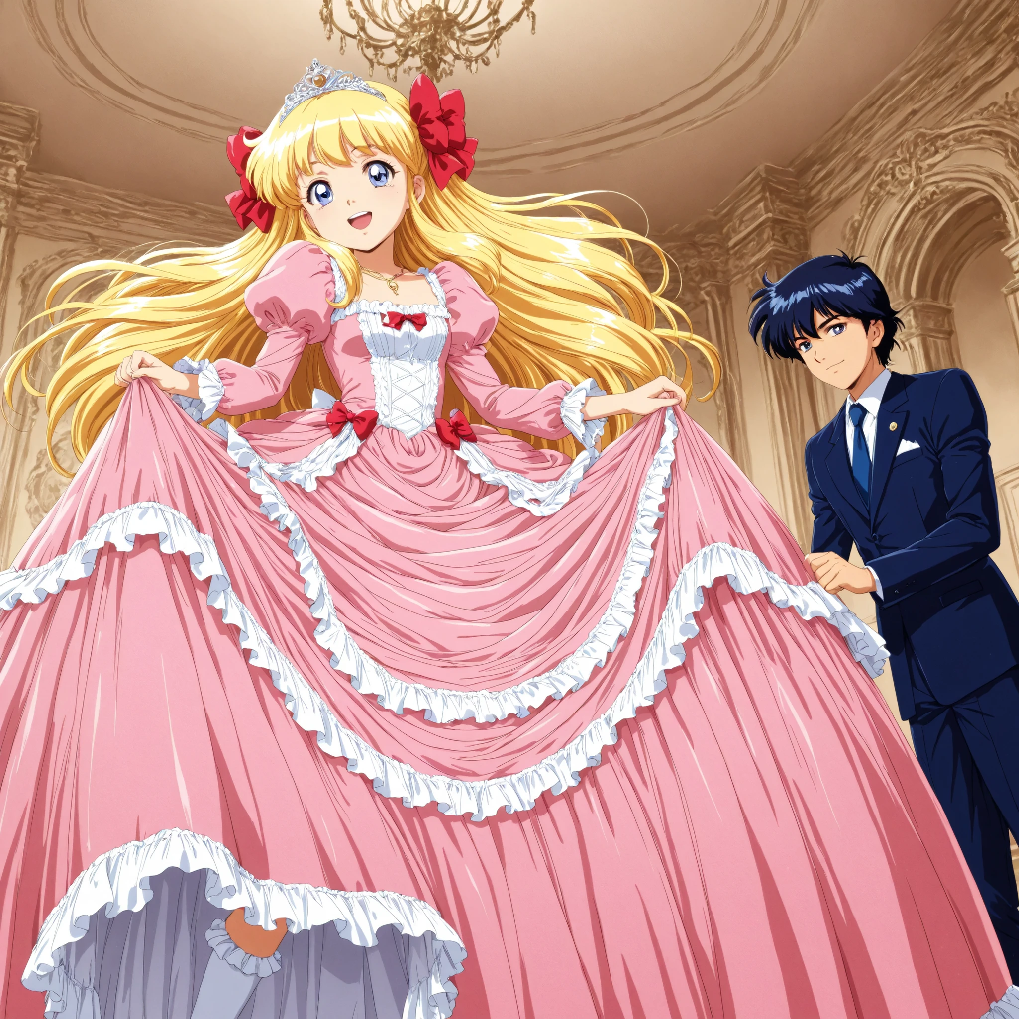 princess,retro anime,top quality, piece, highest resolution, Ultra High Definition,Official Artwork, Super Detailed, , girls are princesses ,short tall:1.2,((Little princess Girls)),retro anim style,Inside Victoria's ultra-luxurious dancehall, the,key visual,onde Long Hair,She's lifting the skirt with her hands,((pink full length ball gown dress:1.0)),((large round hoop skirt)),((long skirt)),the dress has lots of lace and frills, Tiara,long sleeve,Puff Sleeves ,long dress,The dress has lots of red bows, WHITE LONG SOCKS ,ruffle socks, dress has layers of lace petticoats, you can see lace petticoats and drawers under the dress