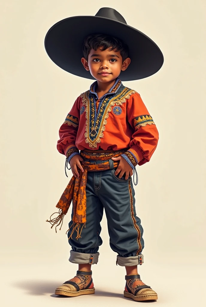 A Brazilian boy face, chubby, chubby, 5 years old, tanned skin, wearing cowboy clothes, cowboy hat, belt with cowboy buckles and a knife tied at the waist, an orange-haired dog in the background on a farm, ultra realistic details, 4k