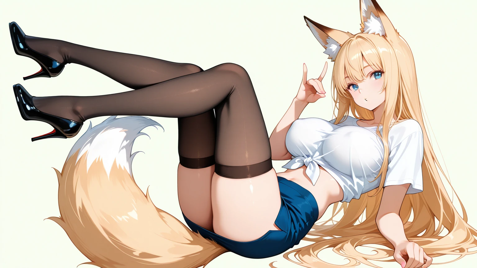 Solo, Score_9, score_8_up, score_7_up, kemono style, Kimiko, An Anthro furry fox girl, yellow furry body, yellow fox tail, , black nose, blonde hair, braided hair, wearing oversized virgin killer sweater, black thigh highs, peace sign, bending over, one foot up and in view, exposed toes, 4 toes, low angle shot, mouth open, laughing, rear view