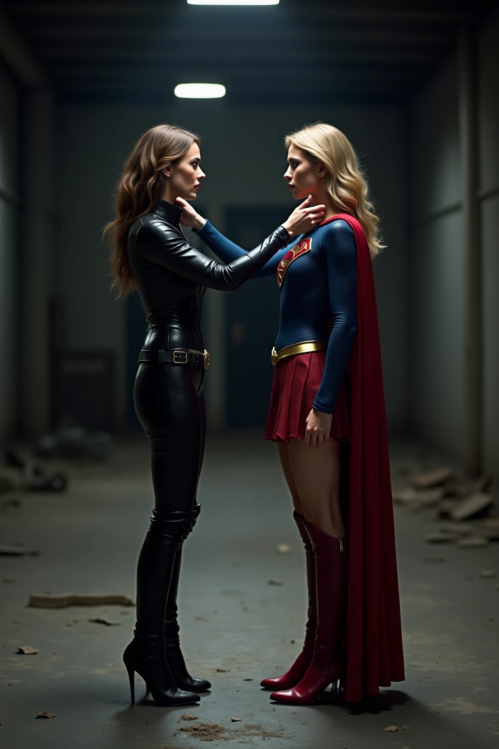 A fanfic cover with this idea Kara is partially transformed, with one side of the face human and the other showing vampiric features. Lena is beside her, with a protective posture.
A blonde with blue eyes and a brunette with green eyes in modern times make them as similar as possible to Katie McGrath and Melissa Benoist