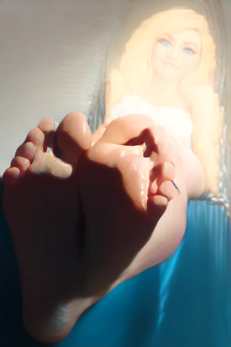 Casual posture, 21-year-old blonde girl, lying in the river, perfect white-haired girl, long legs slender and delicate, fresh and delicate skin, barefoot, exquisite makeup, showing a pale beauty, short skirt girl, spread her legs, not wearing any panties, the skirt is light, beautiful and moving.