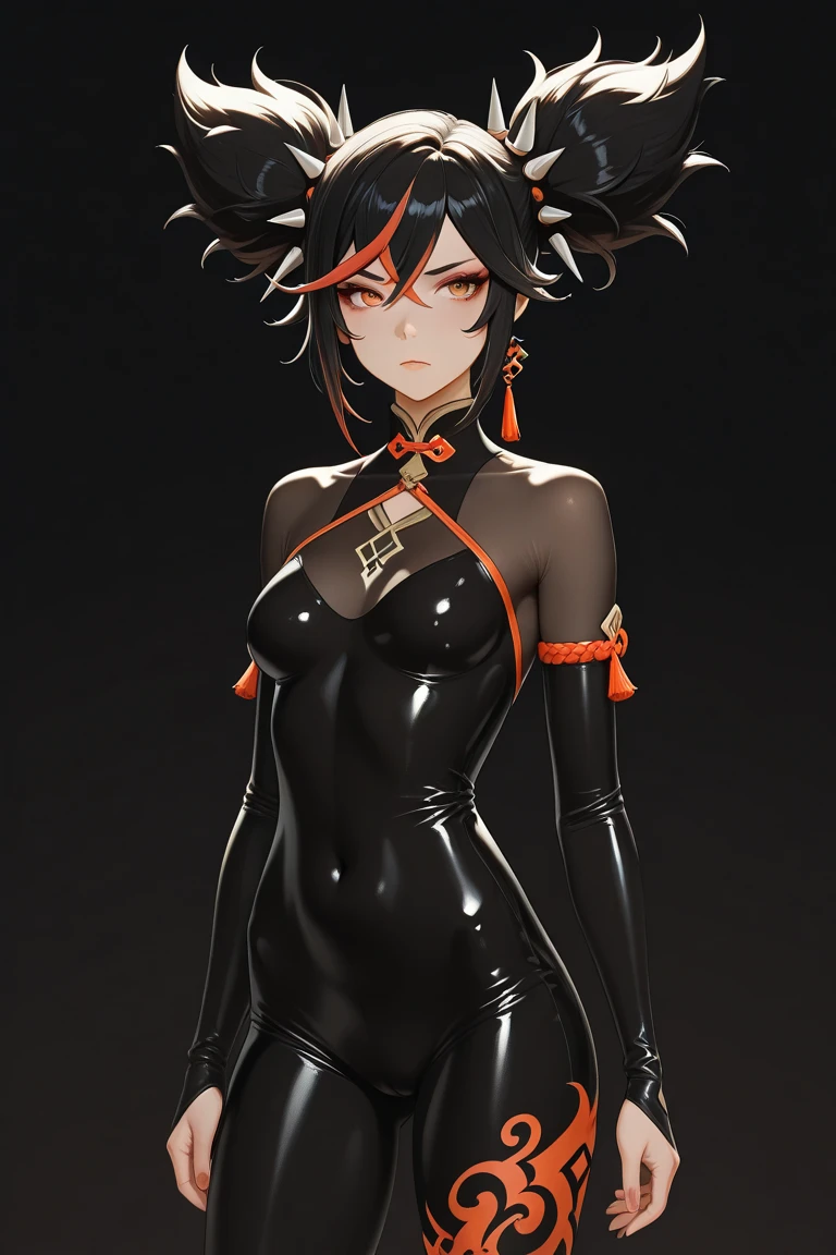 dark persona, evil executive, idol, 1 girl, red and blue hair, two tone hair, anime, long hem, Leading a ritual, from side, forehead yin yang accessory, standing on pedestal, evil smile, audience, short hair, talking, black armor, cape, runes, pillars of black fire, octagonal yin yang mirror, Ruined city, at midnight, black cheongsam, Qipao, stand-up collar, gold decoration, earring, chains, belt, black obi, yin yang, beautiful art, high res, perfect face, detailed outfit