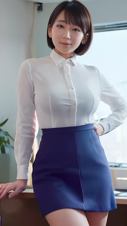 ((masterpiece))、((top-quality))、a picture、Realisticity、high-level image quality、ultra-detailliert、Holistic Division、age 40s、(Plump body)、Delicate facial features、semi long hair、Realistic backgrounds and accessories、large full breasts、s Office、desk work、indirect lighting、rays of sunshine、At work、take the materials on the shelf、navy high neck shirt、see -through、Tight mini skirt、