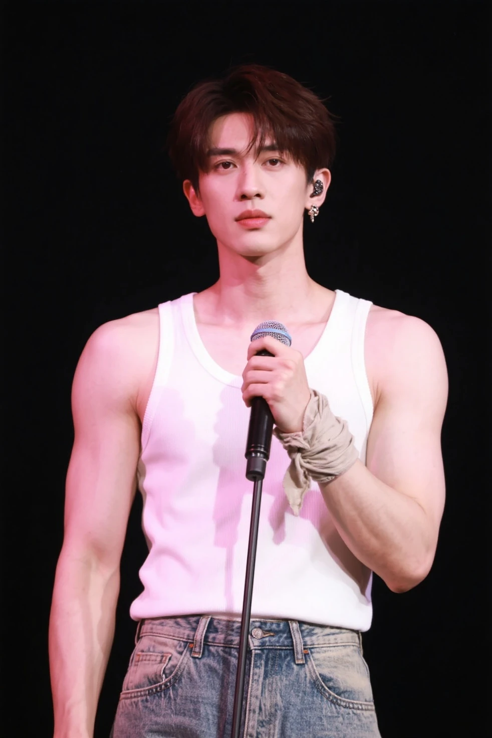 A handsome k-pop idol, red side part hair, black eyes, wear black unbuttoned shirt, standing on the red stage, hold the microphone and sing, sweating, charming, belt around the body