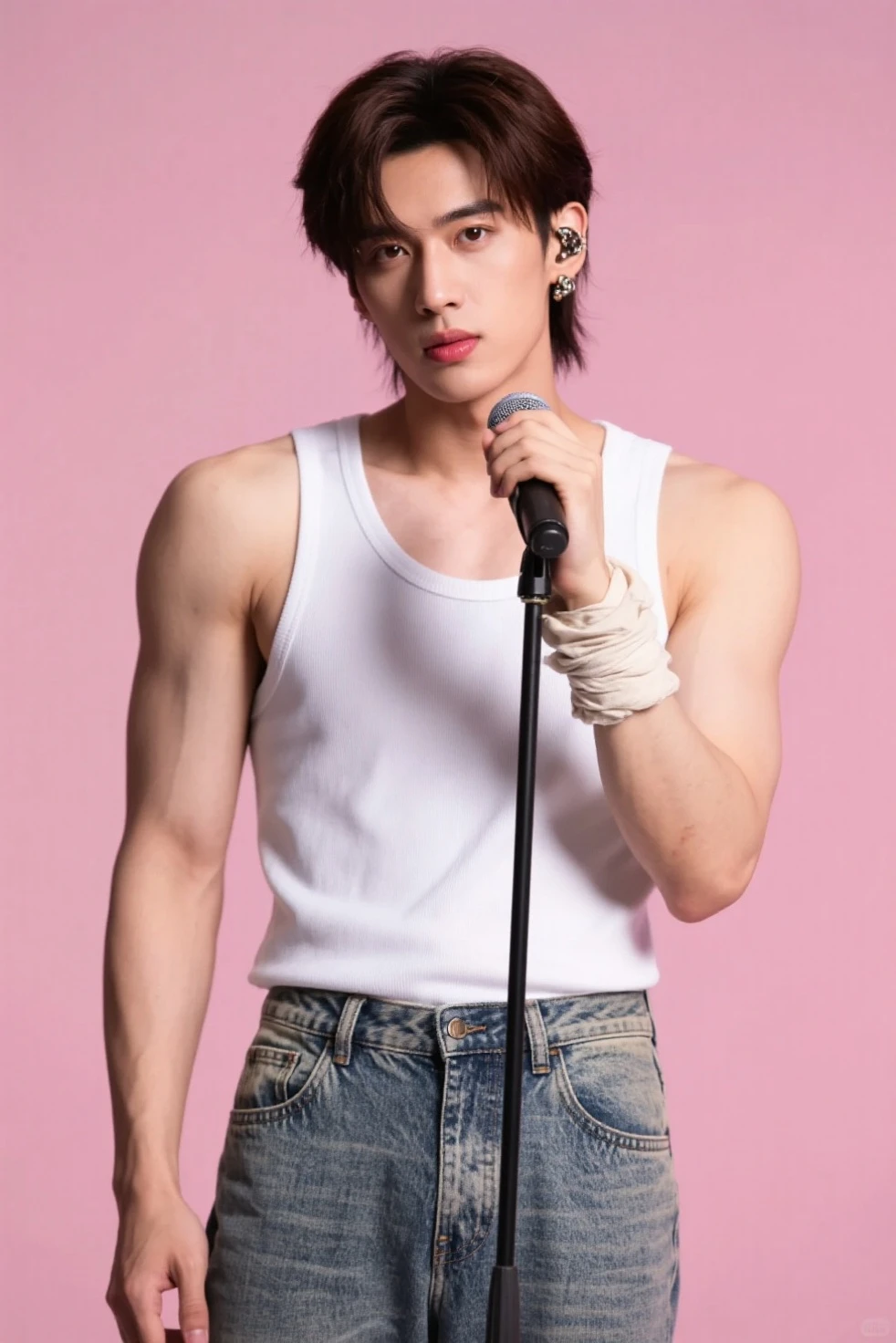 35-year-old Chinese-Japanese man, Idol and singer of a musical group a Rockstar, with a skin fade haircut with a toupee, defined abs, Cold look, similar to sid vicious