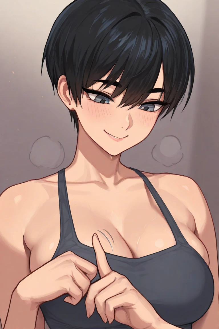 masterpiece, best quality, kujou sara, looking at viewer, very large breasts, upper body, portrait, looking at viewer, seductive smile,put your hands behind your head, armpits, armpits visible, sweaty armpits, short hair, black hair
