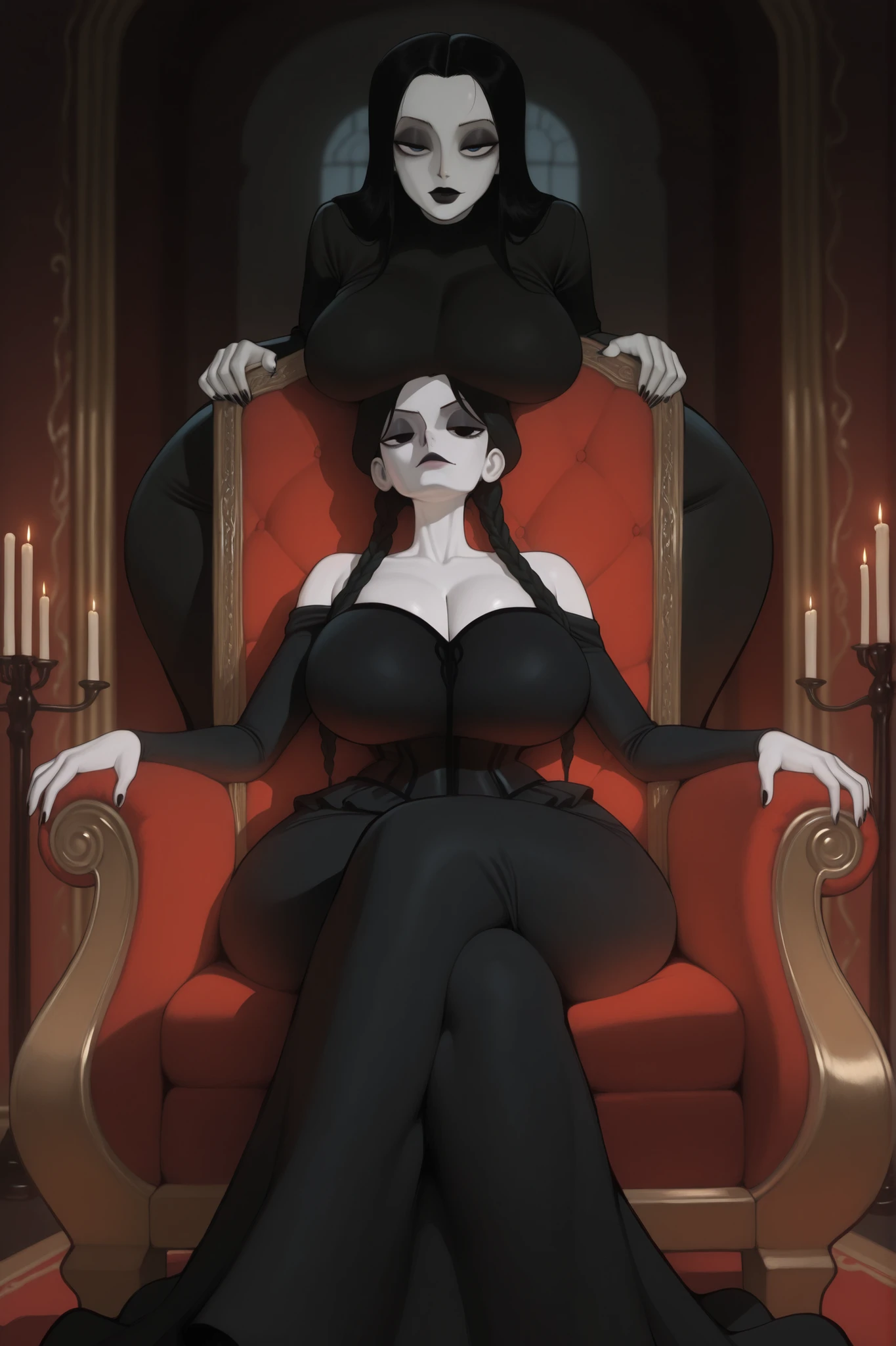 masterpiece, best quality, amazing quality, very aesthetic, absurdres, newest, 2girls, two girls, gothic style, candlelit room, elegant atmosphere, Morticia Addams from (The Addams Family):1.3, sitting on a gothic throne chair, black long dress, pale skin, long black hair, seductive mature face, relaxed and elegant posture, legs crossed, confident expression, huge breasts, wide hips, thick thighs, huge ass, BREAK Wednesday Addams from (The Addams Family):1.2, standing directly behind Morticia, low twin braids, black dress with white collar, head slightly tilted, large breasts, big ass, (close mother-daughter posture), BREAK frontal lighting, single viewpoint, warm shadows, red throne chair, candle holders on both sides, intimate gothic interior