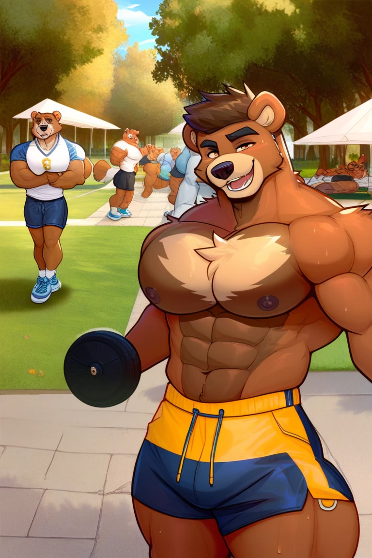 solo, anthro brown bear, male, adult, muscular, abs, white boxers, bare torso, (realistic fur, detailed fur texture:1.3), detailed background, lockers background, photorealistic, hyperrealistic, ultradetailed, bulge, opening the locker, natural pose