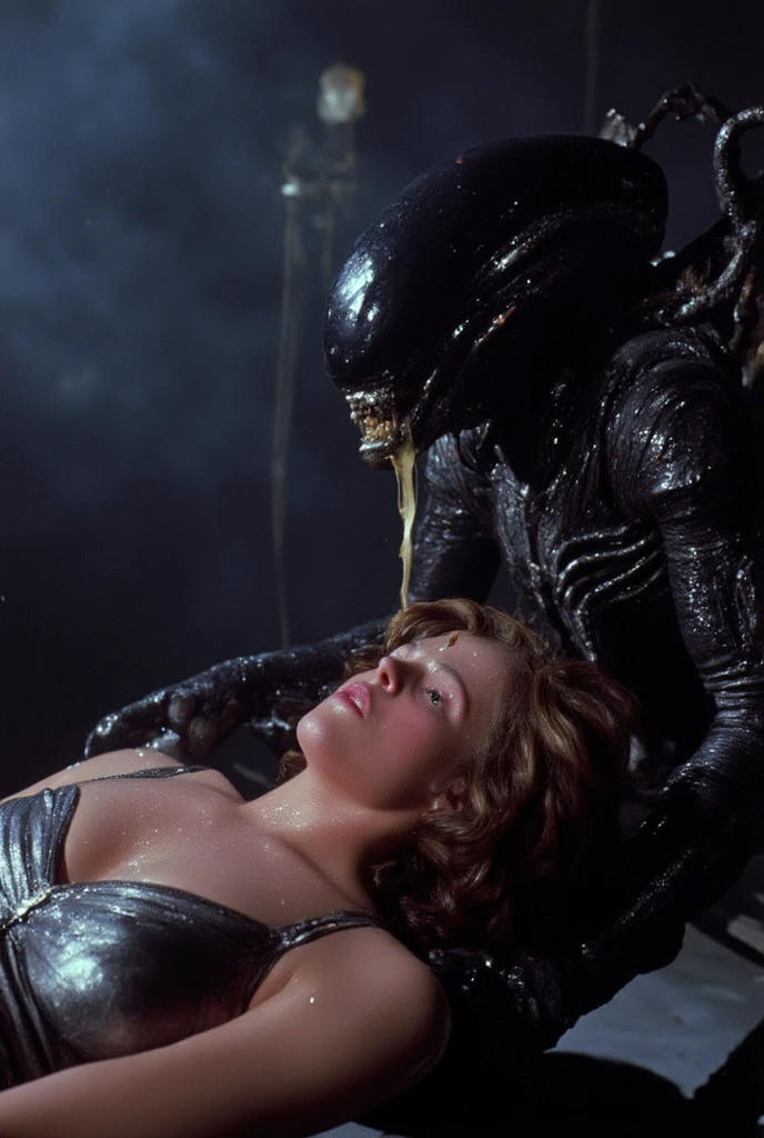 giant  grey xenomorph  monster carries  faint limp  topless beautiful horny aroused   white  thong horny aroused elllen Ripley in his arms embrace cuddling  nsfw kissing 
