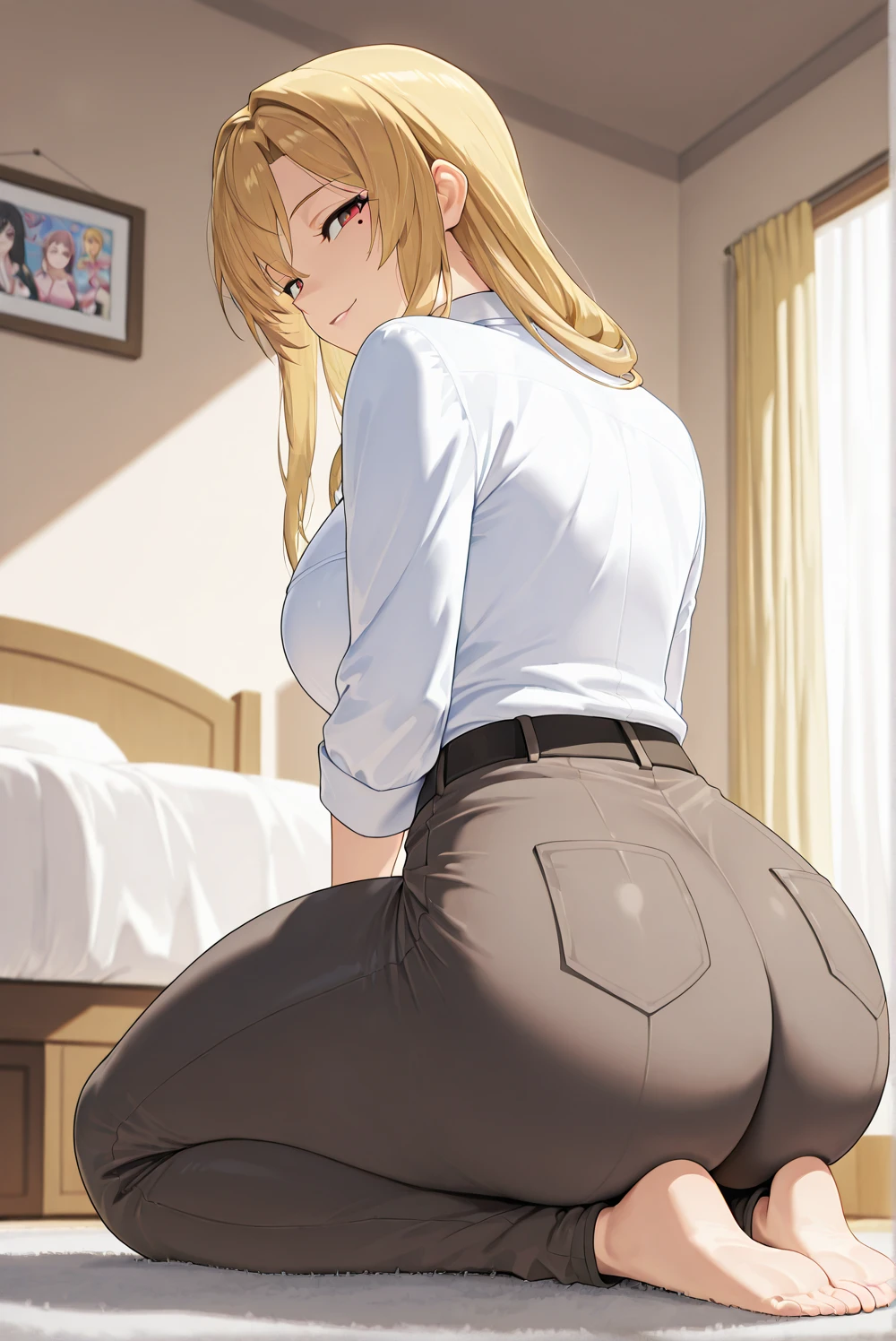 Ass focus from behind, visible butt crack; emphasize her tiny waist, extra wide hips, wide thigh gap, thick toned thighs, and plump camel toe in low-rise tight grey slacks - Young short cute sexy blonde in her bedroom, huge hanging breasts with visible areolas, full thick pouty lips, big innocent smile, thick wavy wedge hairstyle, cute face, big blue eyes with long eyelashes, super wide birthing hips, thick toned thighs - Outfit: white button-up shirt, barely containing her huge breasts, bare midriff; skin-tight grey slacks, very low on her hips, accentuating her wide camel toe; no bra, no panties.