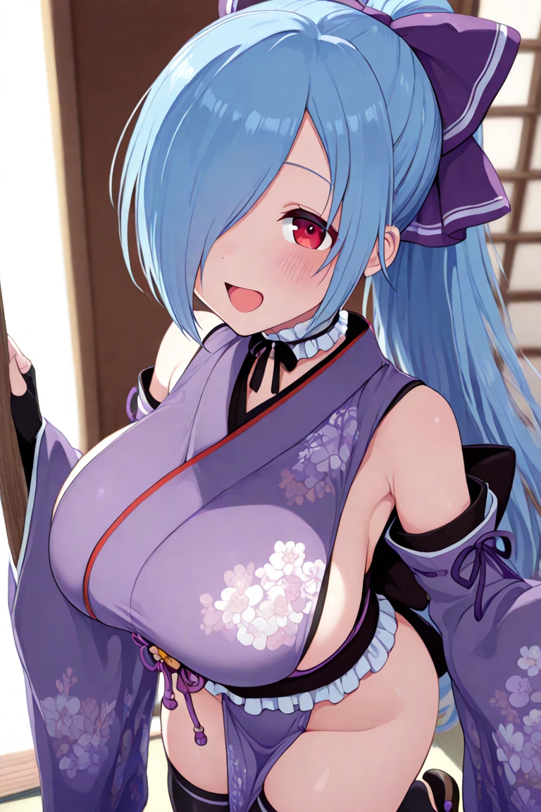 Une fille aux cheveux bleus, assis par terre,[yeux violets, lumineux et vif],[nu:1.1], [absurdes], [high resolucion], [Ultranet], [8k], [Masterpiece:1.2], Elle a une expression séduisante, fond japonais avec des couleurs vibrantes, An éclairage doux accentuant these traits, composition creative and artistic, nsfv