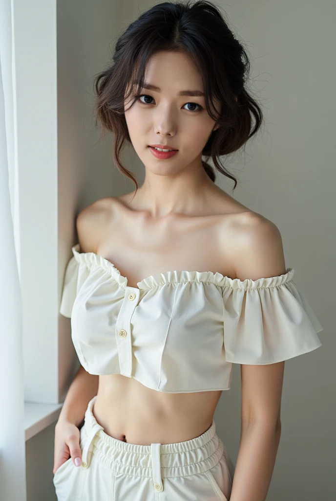Ulzzang-6500-v1.1, (RAW Photos:1.2), (Realistic:1.4), 美しい詳細な女性 Very detailed eyes and face, Beautiful and detailed, Ridiculous, 信じられないほどRidiculous, Huge file sizes, Very detailed, High resolution, Very detailed, Highest quality, Tabletop, ((off-the-shoulder white shirt)), shape, Very detailed, Hmph, Unified, 8k wallpaper, wonderful, Finer details, Tabletop, Highest quality, Highly detailed Hmph unity 8k wallpaper, Face Light, Cinema Lighting, One Girl, 16 years old, ((Very detailed)), ((Dynamic pose))), (Camel Toe), (half),((Troubled face)),Black mini skirt,((Droopy eyes)),Leaning forward、Please place your hand on your chest、belly button、