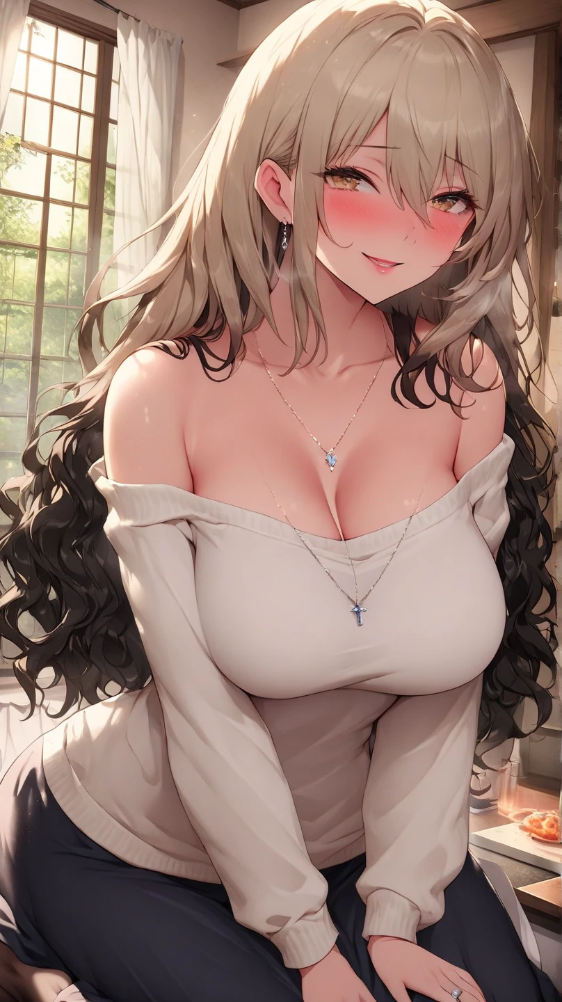 light-brown hair, small breasts, slim waist, thick thighs, shapely butt, slim body, ponytail, tight blouse, long skirt, cleavage, necklace, seductive posture, breast squeeze, downblouse, leaning forward, park, path, trees, flowers, distant city in the background, looking at viewer, (((nudist))), (((medium chest)))