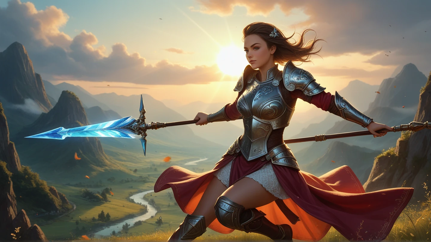 1 girl, fantasy armor , gliding through the air, Open sky with,  holding a spear , dynamic pose, digital painting, glowing light accents, epic anime style, Rim lighting,  8k ultra-detailed , masterpiece, heroic composition