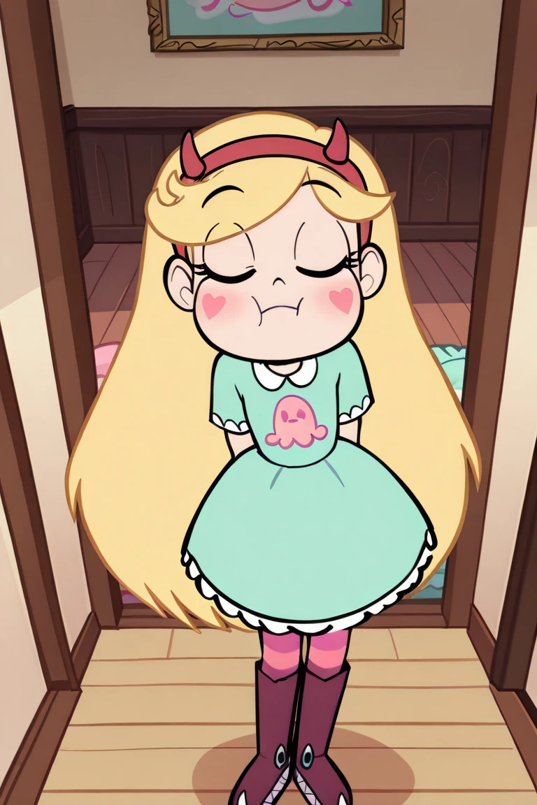 ((masterpiece)), ((best quality)), 1girl, (((star butterfly))), blondie, long hair, horn hairband, ((garter_belt_thighhighs_pussy_no_panties)), topless, sitting on bed edge, lovehotel room