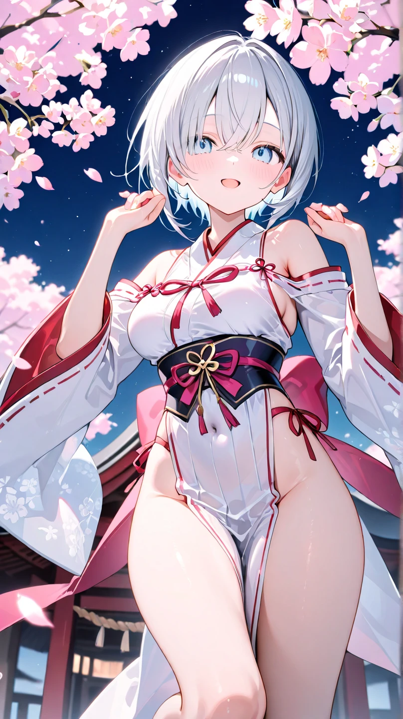 (master masterpiece)、(The Highest Quality)、(ultra details)、(best anatomy)、OFFICIAL ART、One Girl、Lori with light-coloured hair、Petite little girl、miko、Silk Hakama、small breasts、cleavage breasts、off shoulders、sideboob、Thigh Focus、Wet and see-through、shinto shrine、lake