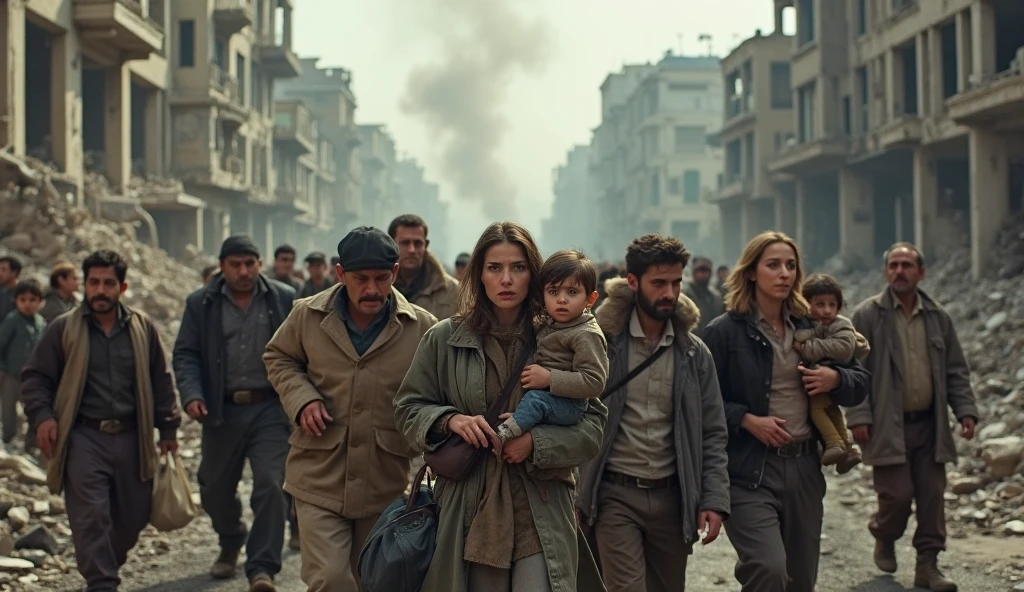 Everyone is running with carrying a baby and blood is on their hands
