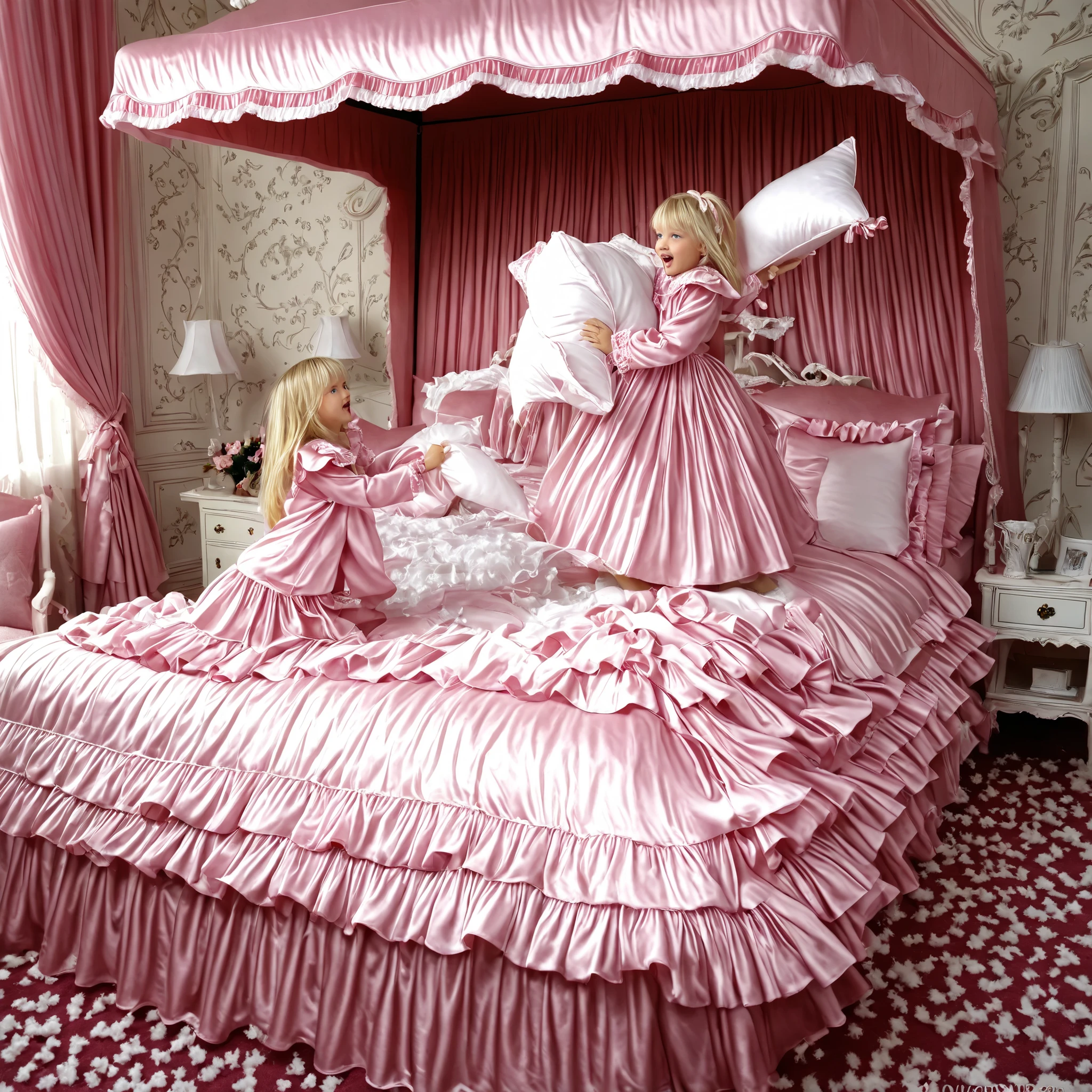 ((cute girl on a big bed)),((As a child )),((Little Girl)), ((little girls pillow fighting on the bed,pillow fight:1.2,)),they have a frilled silk satin pillow,((lot of white feather flying,detailed realistic feather:1.0)),short body height,((white-skinned American, blue eyes, Long blonde,detailed faces)),cute face,plump quilted pink silk satin nightgown,((lots of ruffles and ribbon decorations)),long sleeve,Ruffle sleeves, ((long skirt:1.4)),white socks,Big Bed with Lots of Pink Silk Satin Cushions,pink cute canopy bed , ,Four-poster canopy bed,King Size Bed,Bigger bed,pink silk satin ruffle plump quilt pillows,More pillows, pink silk satin soft comforter,round puffed comforter,Ruffle Lace Silk.retro white pipe bed frame, realistic,((Out of frame bigger King Size Bed:1.2)), silk satin curtain with ruffles ,