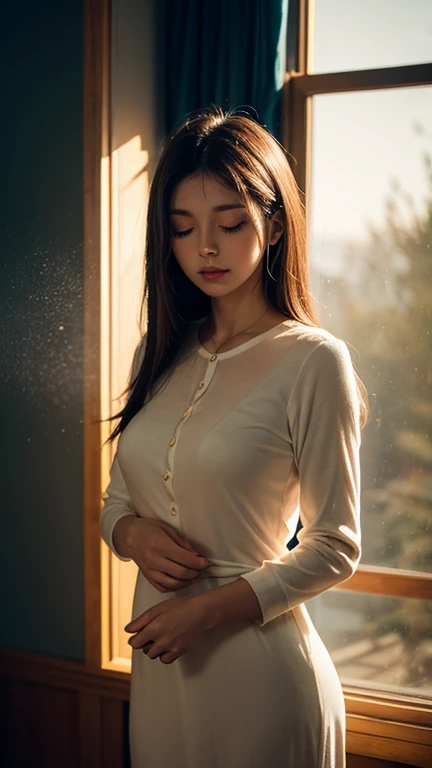 ((You may be just one person to the world, It could mean the world to one person., paradox, Adrian Genius, Jenny Savile, Edward Hopper, The Dark Art of James Zinn, takato yamamoto)),(raw photo, best quality), ((Nostalgia,1980s style)),(girl in a literary mood:1.2),(realistic, photo-realistic:1.3), very delicate and beautiful, amazing, in detail, masterpiece, very detailed, mackerel,best illustration, best shadow,convoluted,depth of field,1 woman,(long legs:1.4),long hair,messy hair,((((low key,dark scene,dimly lit)))),fat,(((soft lighting:1.4))),(pale skin:1.4),(shy smile),(cinematic angle),sharp focus, volumetric fog, 8k words, dslr, high quality,( film grain:1.4), Fujifilm XT3,(looking at viewer)