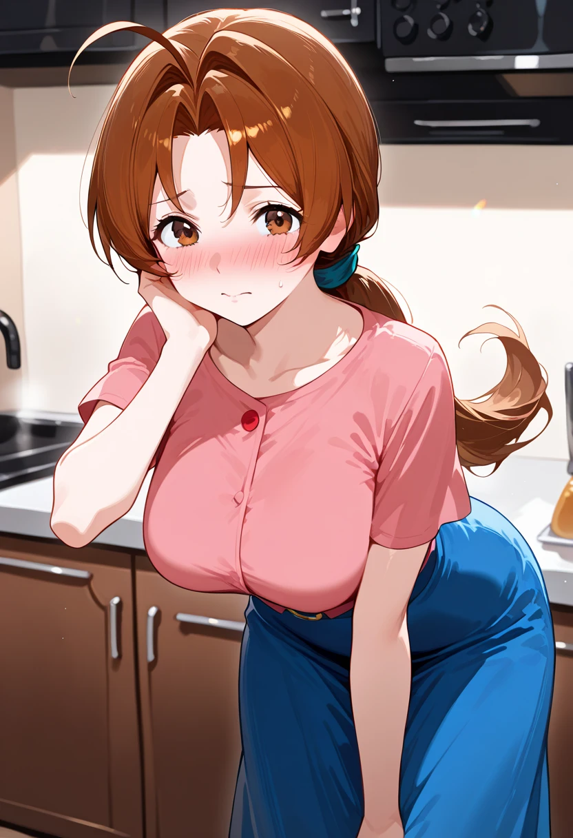 ((1girl, solo)), mature female, beautiful body, (perfect anatomy, perfect body, perfect hands, perfect legs), nice hands, natural proportions, sexy body, ((large breasts)) BREAK
((extremely detailed face)), brown eyes, (beautiful detailed eyes:1.6), (realistic pupils, realistic iris:1), expressive eyes, ((looking at viewer)), (clear eyes:1.3), (hyperrealistic:1.2), (detailed skin texture:1.2), smooth skin, brown hair, long hair, ponytail, (detailed lips:1.2), (attractive lips:1.1), (glossy lips:1.1), smile, parted lips, perfect face, perfect eyes BREAK
pink shirt, collarbone, button gap, (coverd nipples:1.5), short sleeves, shirt tucked in, blue skirt, ((micro mini skirt)), ((thighs)), thigh gap, (reveling clothes:1.5) BREAK
(masterpiece:1.5), anime-style, top quality, best quality, (beautiful and aesthetic:1.2), (ultra detail:1.5), Ultra-detailed depiction, Ultra-precise depiction, extremely detailed 8k illustration, high resolution, (highly detailed shading:1.2), (realistic lighting:1.4), perfect lighting, vibrant colors, dynamic tones, striking hues, 8k, absurd resolution, perfect shadows, hdr, UHD, ambient lighting, realistic, ultra-realistic, photo realistic, highly detailed, rich detail, luminous colors, fine texture, intricate design, professional illustration, (soft light:1.2), (illustration:0.7)