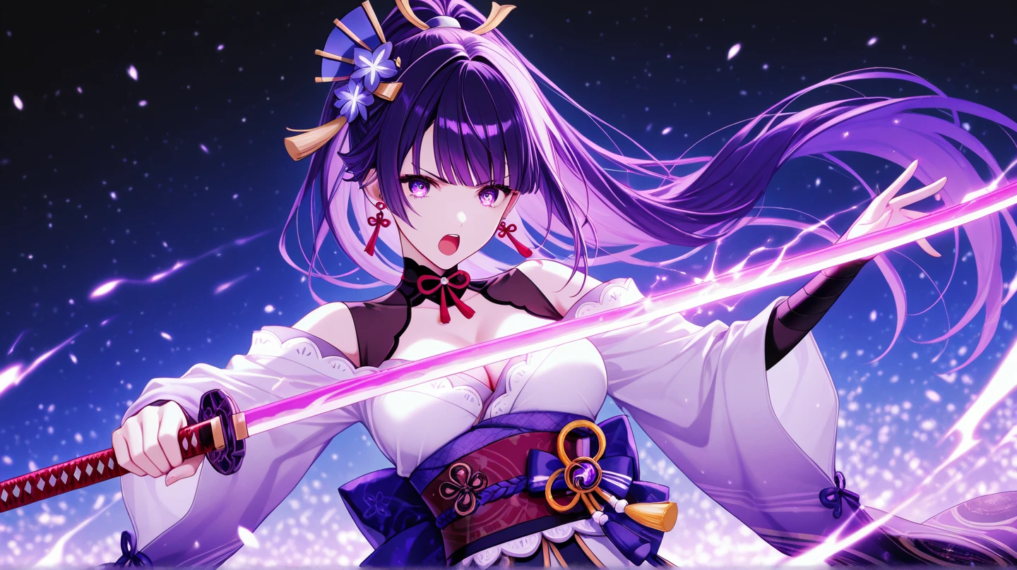 ((Image from the waist up:1.4))Japanese Shrines, (Highest quality,Realistic,masterpiece:1.2,8k wallpaper:1.2),((Pale skin)),One Girl,women only,((raidenshogndef))((Genshin Impact,General Raiden)),Lightning Particles,Purple Lightning,Light background,cherry blossoms,Purple Theme,Delicate facial features,Sexy and beautiful anime girls,General Raiden,Long purple hair,Rosy lips,Anime Mouth,large breasts, Beautiful cleavage,Slender figure、Thin legs、smile