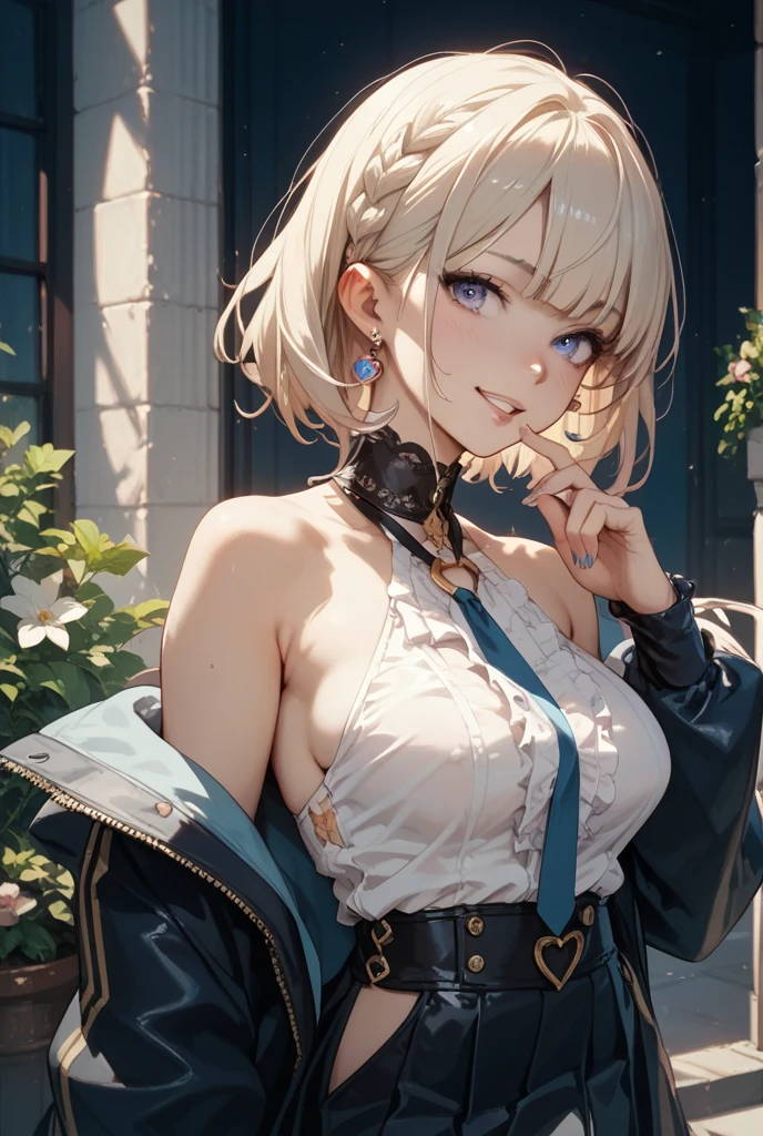 masterpiece, 最high quality, high quality, Very detailed CG uniform 8k wallpaper, One girl, alone, Blonde, tattoo, short hair, Have, jewelry, smile, necklace, Looking at the audience, Have, Realistic, Open your mouth, teeth,Best, nose, Exposing shoulders, artist name, Black tiara, clavicle, arm tattoo, blue eyes, lips, Blur, oil, Award-winning photography, Bokeh, Depth of written boundary, High resolution, bloom, chromatic aberration, realism, Very detailed, Art Station Complex, Attention to detail, dramatic, art:Mid Journey,Secret base