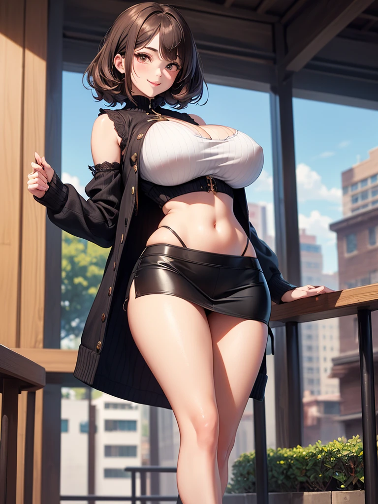 (depicting a single moment from a manga), (hand-drawn), angle from below, realistic skin, (eyes realistic sizing, hair up, twin tails, loose-fitting jacket with standing-collar, showing off her super detailed lace panties), in the village, dark hour of down, (smile), put her hands on her hip, (pubic shape, pubic hair),
