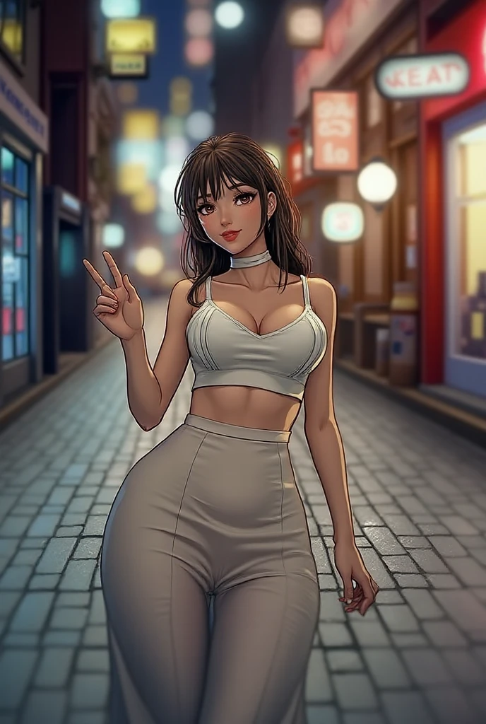 ((masterpiece)), ((best quality)), ((anime profile style)), ((brown skin)), 20 year old girl, ((light brown eyes)), ((perfect)), ((clear round glasses)), eyebrow, nose, ear, ((ear piercing)), mouth, ((curly hair)), neck, shoulders, arms, ((White long shirt)), ((short)) , ((thick legs)), ((big thigh)), (neck chain), background scenery