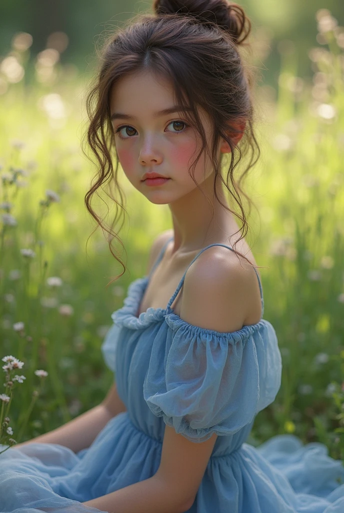 8K、12-year-old beautiful girl, length hair, starryskybackground、detailed beautiful faces、see-through camisole dresses, flower  field、Night、Very strong wind