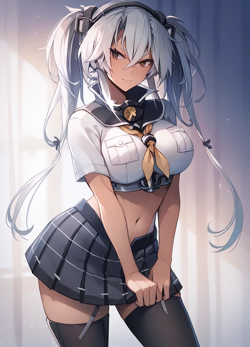 Girl, white hair, red eyes, bunny ears, bunny tail, big breasts, exposed stomach, short pants.