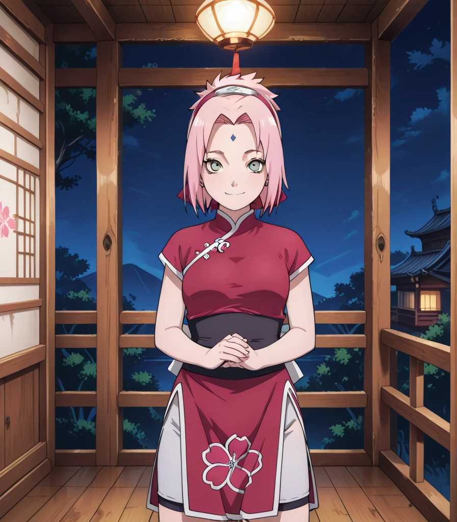 Crea una representacion estilo anime del personaje sakura del anime naruto con un vestido blanco corto a la altura de las rodillas