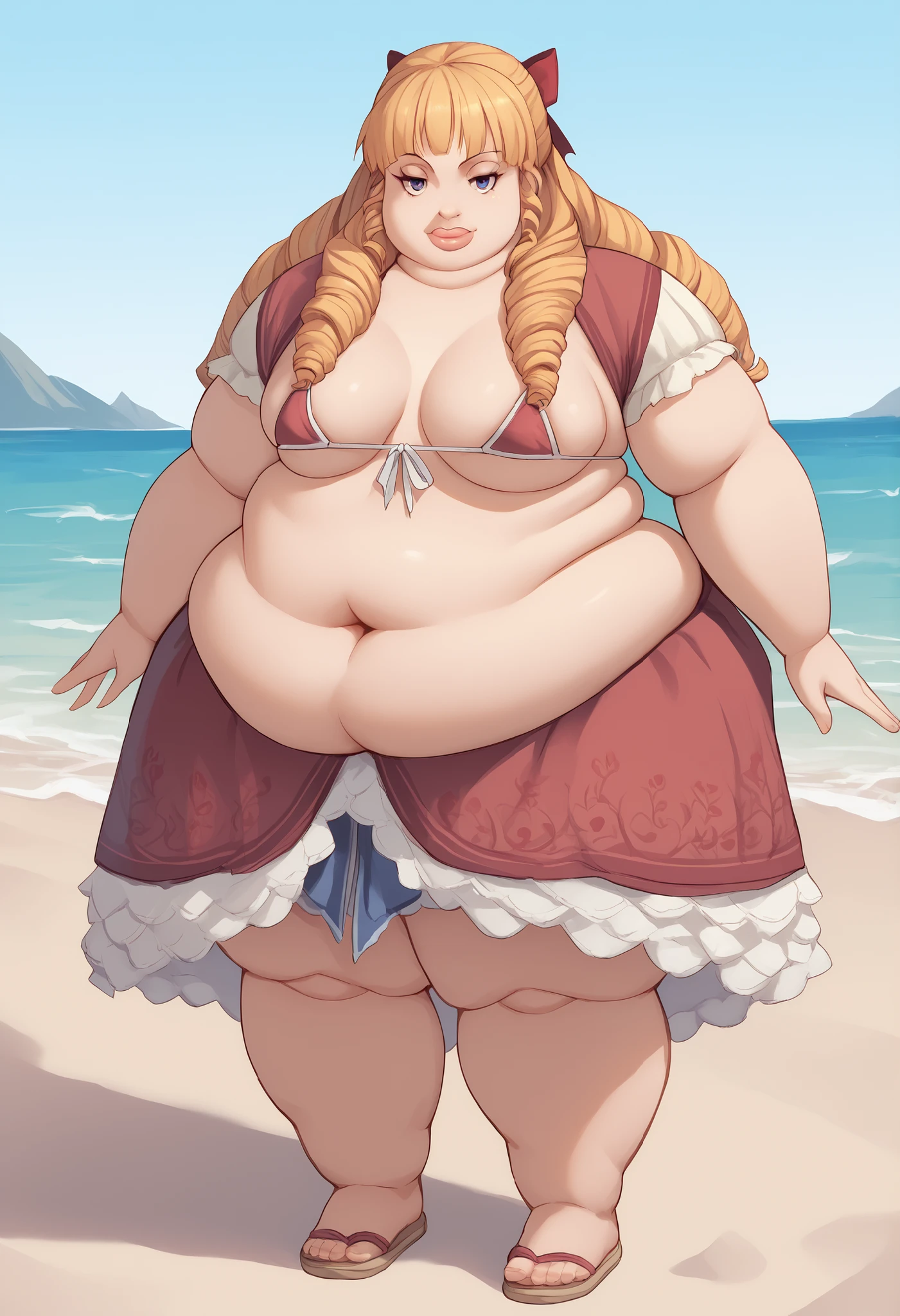 1girl, beautiful, (masterpiece:1.2), (best quality:1.2), big belly, bbw, fat, chubby belly, big belly, blushing, sweaty, fat belly, giant SSBBW belly, massive belly, extremely fat, Overfed, fat, flabby, round, pregnant, bloated, massive sagging belly, prominent stomach, super fat, hyperbelly, obese belly perfect lighting, perfect eyes, perfect face, 1girl, bikini, bikini under clothes, black bikini, black choker, black gloves, blonde hair, long flowing fluffy frizzy hair, black lips, black nails, black skirt, breasts, choker, cleavage, cropped jacket, cross, earrings, eyeliner, eyeshadow, fingerless gloves, gloves, hand on hip, highleg, highleg bikini, medium breasts, jacket, jewelry, lips, black lipstick, long blonde hair, makeup, microskirt, miniskirt, navel, open clothes, open jacket, blue eyes, skirt, sleeves pushed up, solo, standing, striped, striped bikini, striped thighhighs, swimsuit, thighhighs, thighs, underboob, plump lips, tree, beachside, beautiful view, lake, distant boardwalk