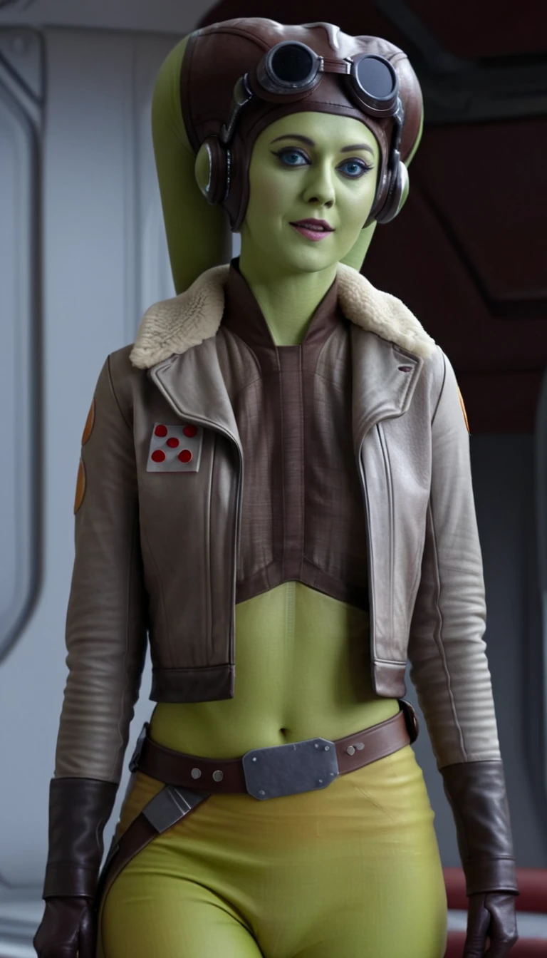 A beautiful sexy , hera syndulla, green skin (detailed realistic,4k,highres,masterpiece:1.2), bound and gagged. (armbinder)

