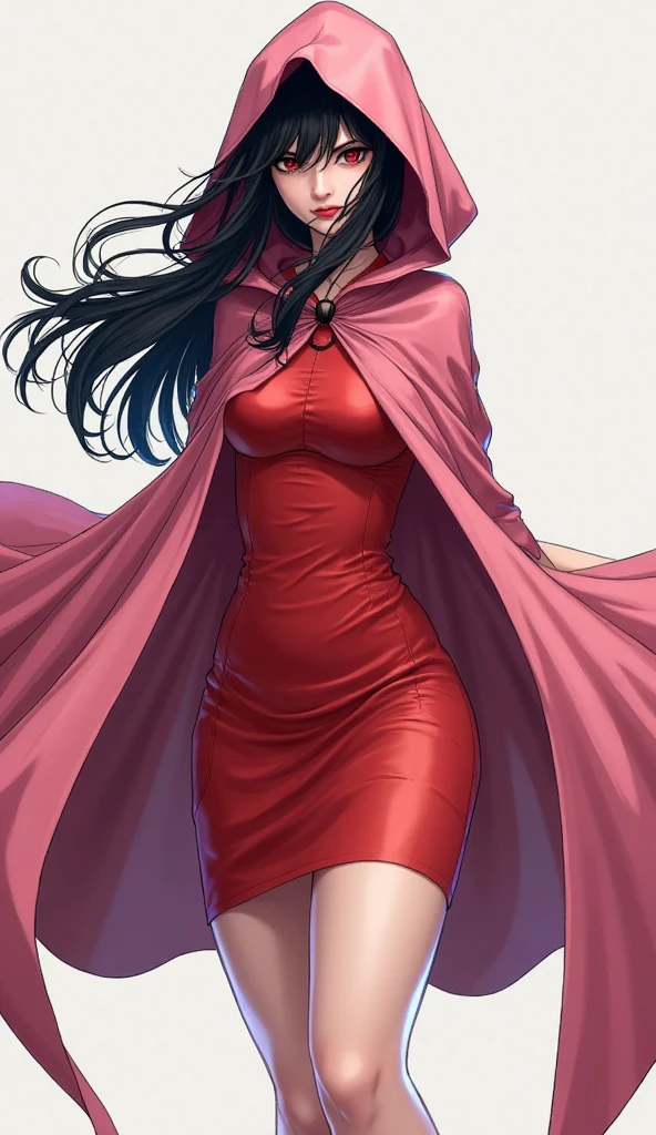 midnight、The moon and cherry blossoms reflected on the surface of the water、DYNAMIC ANGLE、Lone lady、((Alone))、black hair、long hair、light side long hair、cut bangs with sideburns visible、((skinny))、Outstanding big breasts、full body、red eyes、(strapless、off shoulder、crimson bodyconscious dress)、 Red Long Coat、masterpiece、high resolution、Superb quality 、A fully calculated light source、Watch the viewer with a fervent gaze、